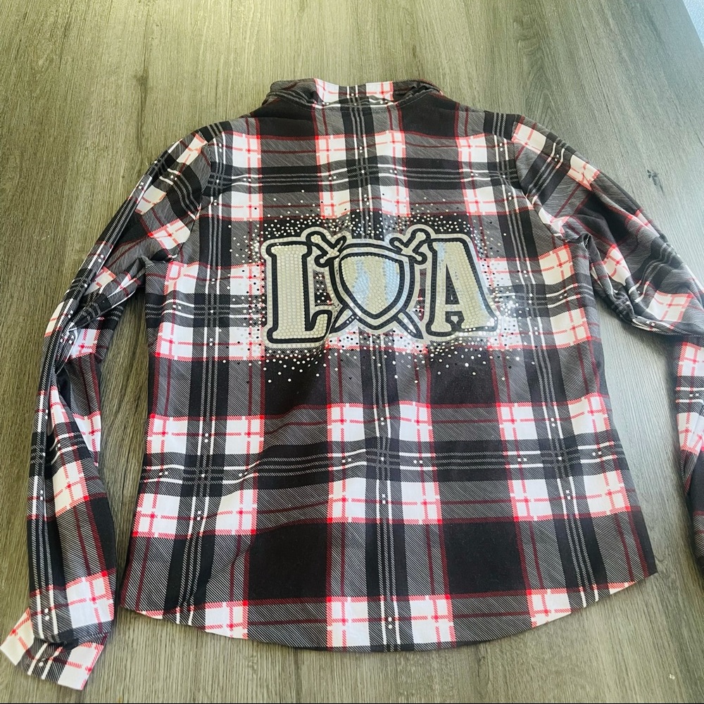 Varsity Spirt Black/White/Red Plaid Button Up Sequin back Shacket SZ Large Cheer